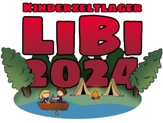 Logo von Libi 2024, Kinder und Zelte, Lagerfeuer, See und Bäume 